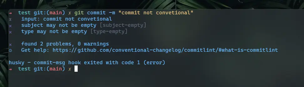 Screenshot of conventional commit fail